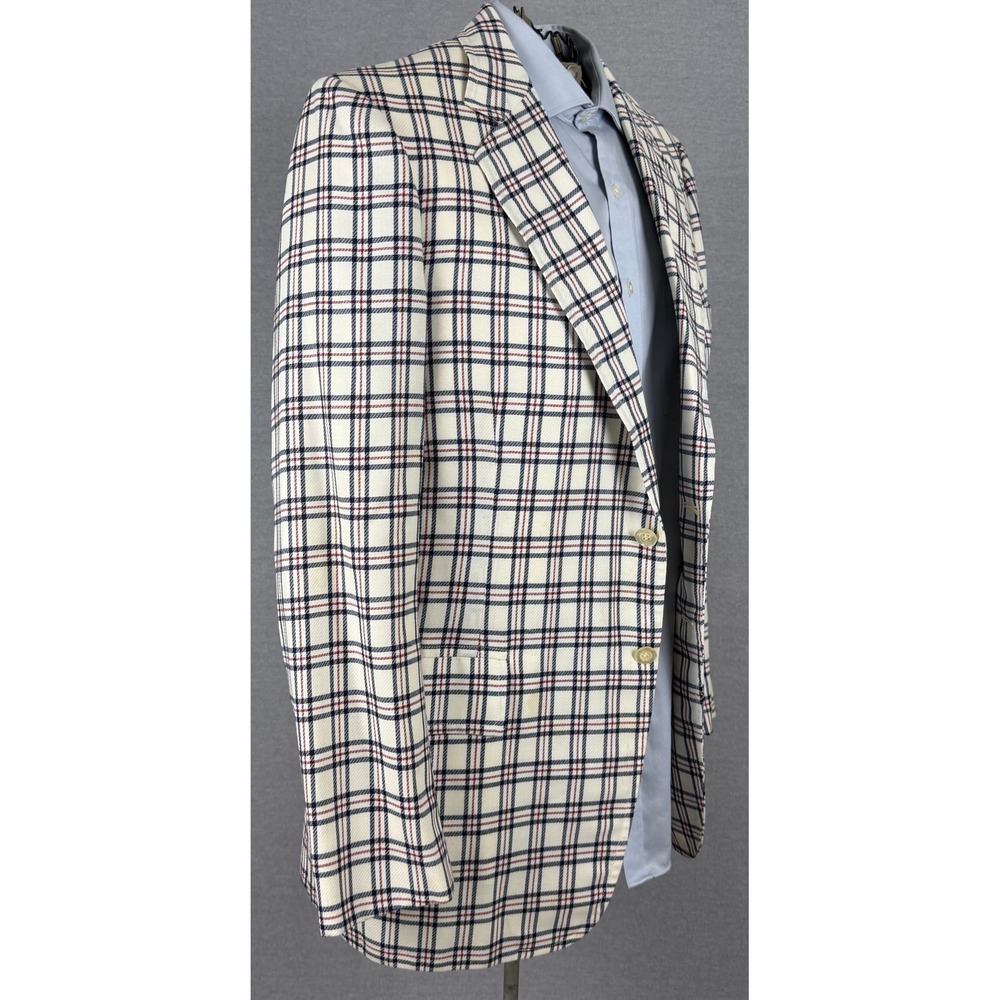Vintage Goldsmith Clothing Co Plaid Sport Coat Blazer Cream Navy Red 40R Bespoke
